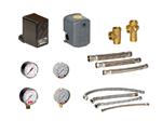Pressure switches, pressure gauges (manometres), brass connectors, flexible hoses
